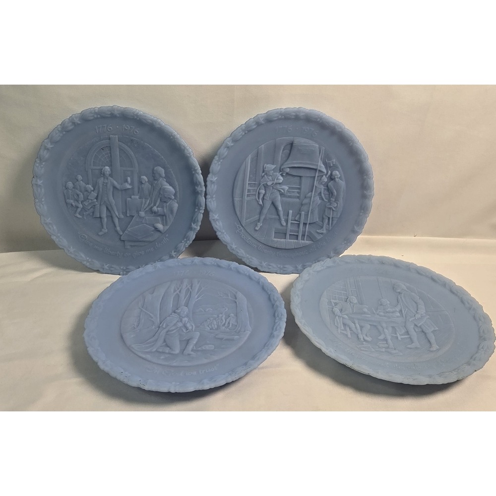 4 Fenton Blue Satin Milk Glass Bicentennial Commemorative plates Full set